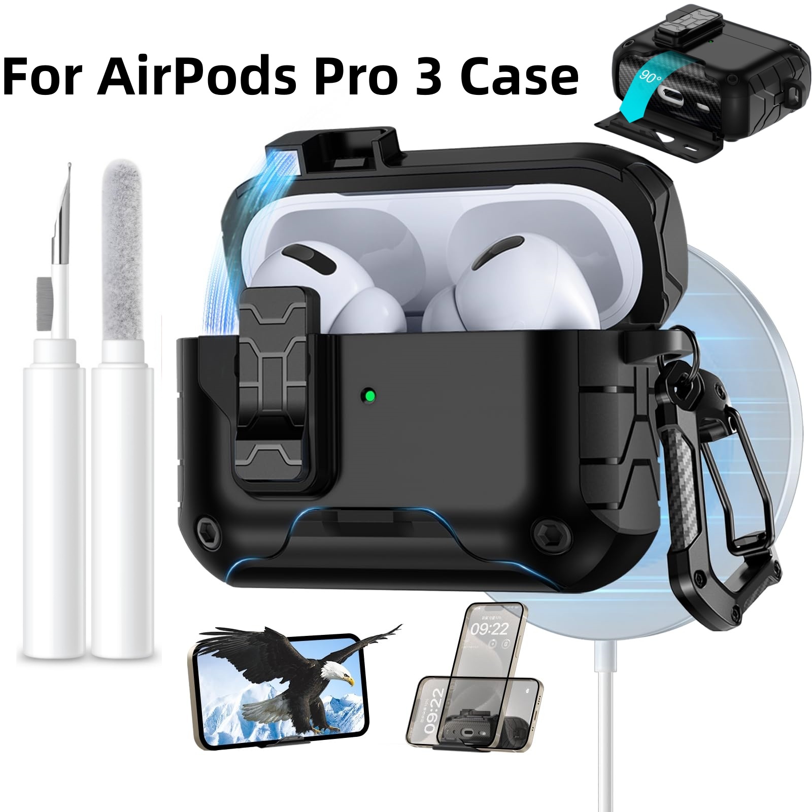 Pop Display Shelf - เคสหูฟัง AirPods Pro 3 พร้อมระบบล็อกนิรภัยและขาตั้งโทรศัพท์ ฝาปิดป้องกันแบบเปิดอัตโนมัติพร้อมชุดทำความสะอาดสำหรับ
